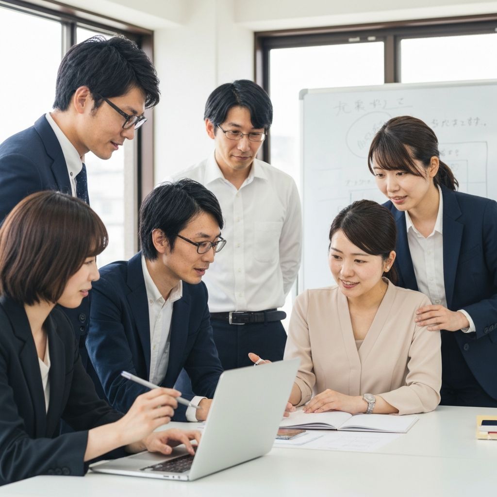 若手・中年の日本人チームがディスカッションしながらDXを推進している様子